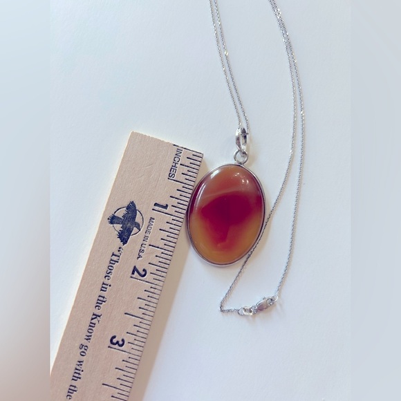 14K White Gold Chain Amber Agate Pendant Necklace 925 Silver - Picture 6 of 15
